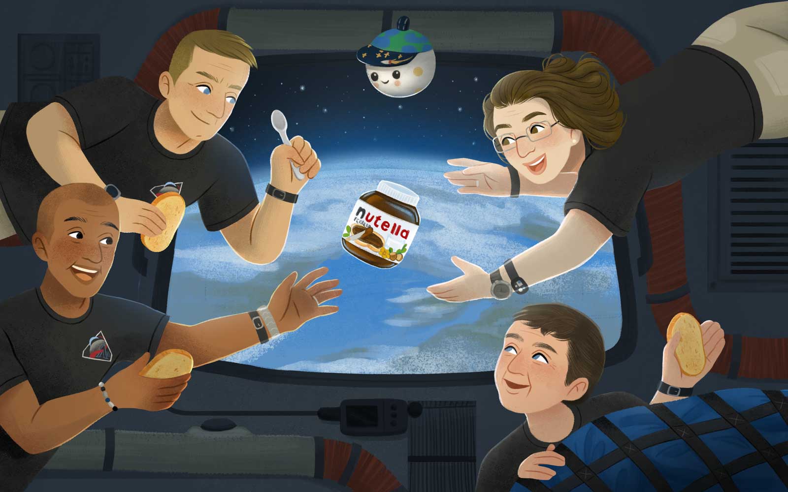 Illustrazione della missione spaziale Artemis 2 con barattolo di Nutella che vola tra l'equipaggio